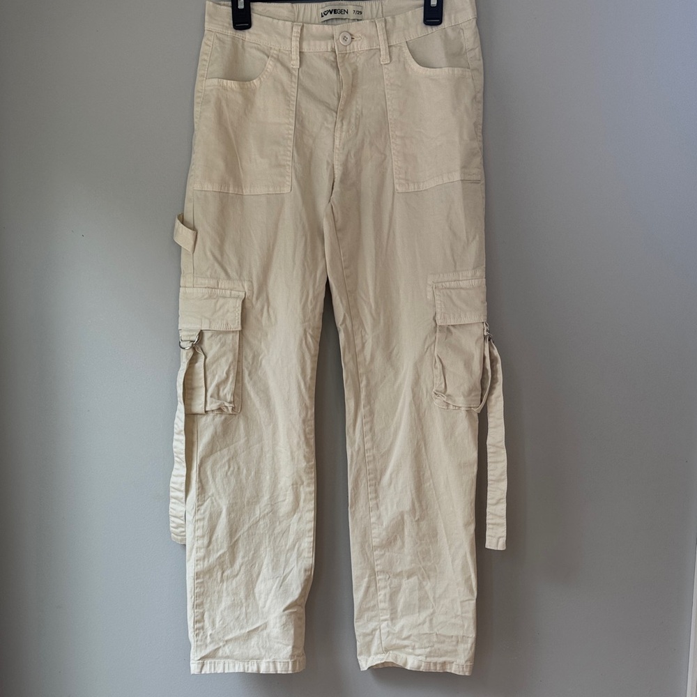 LoveGen Women’s Cream/Off-White Retro 90s Baggy Cargo Utility Pants Wide Leg